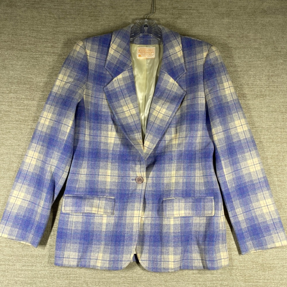 Pendleton Vintage Plaid Wool Blazer Womens 6 Blue Cream One Button Lined USA